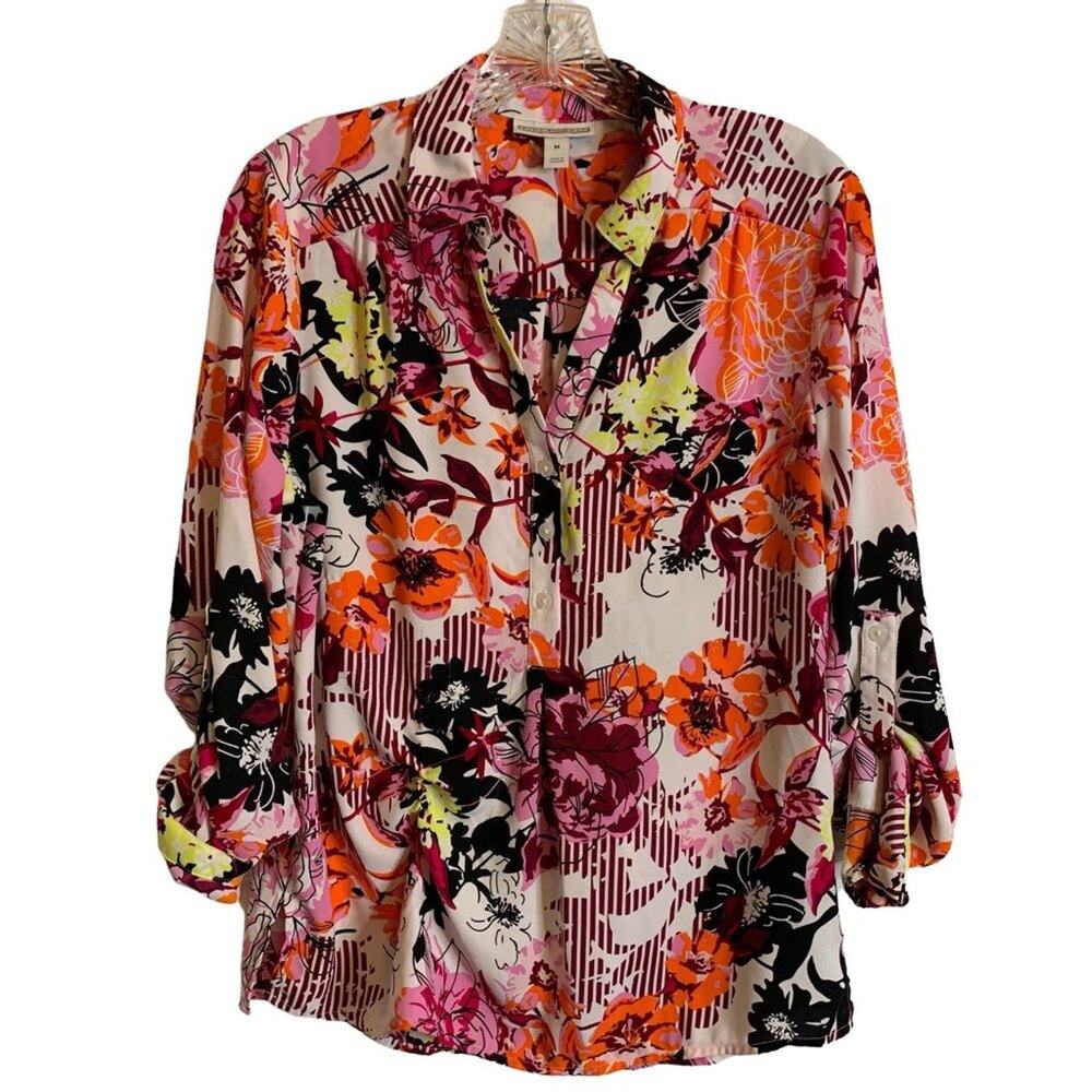 Dana Buchman Womens Medium Floral 3/4 Sleeve Button Up Shirt Pink Orange White